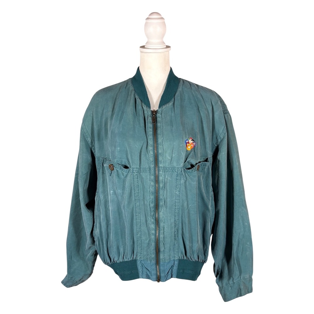 Vintage Teal 100% Silk Billiards Bomber Jacket M Pool Hall Casual 90s Indie